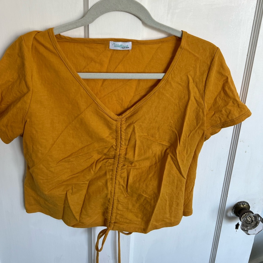 Wildflowers Golden V-Neck Ruched Crop Top